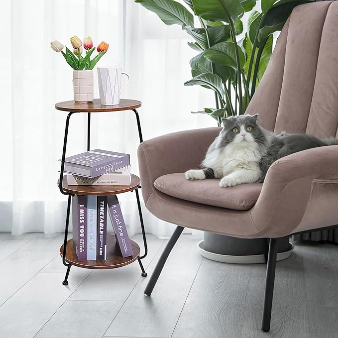 Small Round Side Table, 3 Tier Circular Narrow End Table with Storage Shelf, Round Corner Coffee Table Nightstand, Compact Tea Sofa Table for Living Room Bedroom Small Spaces, Rustic, Vintage, Brown