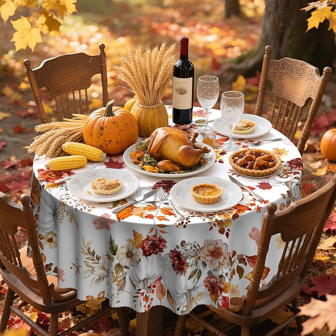 Eikione Thanksgiving Tablecloth, Round Fall Tablecloth 70 Inch, Pumpkin Table Cloth, Autumn Harvest for Christmas, Holiday, Birthday,Thanksgiving Decor