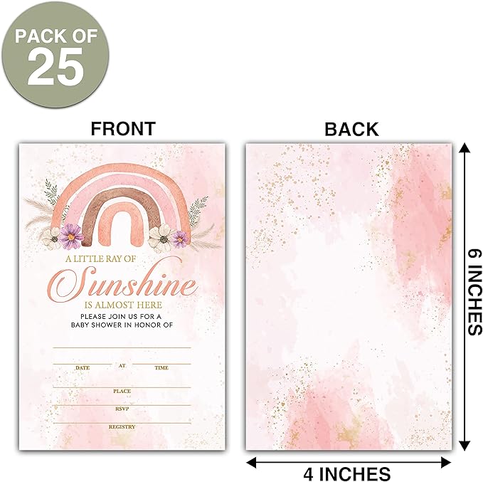 25 Boho Rainbow Baby Shower Invitation Cards With Envelopes (4" x 6") - Sunshine Baby Gender Reveal Party Invites For Adults Kids - Gender Neutral Baby Shower Party Decorations Supplies(YQK-B16)