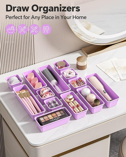 13 Pack Plastic Drawer Organizers Set, 3 Sizes Desk Drawer Organizer Trays for Vanity and Makeup Organizer, Organization and Storage for Makeup, Kitchen Utensils, Bathroom and Office(Purple)
