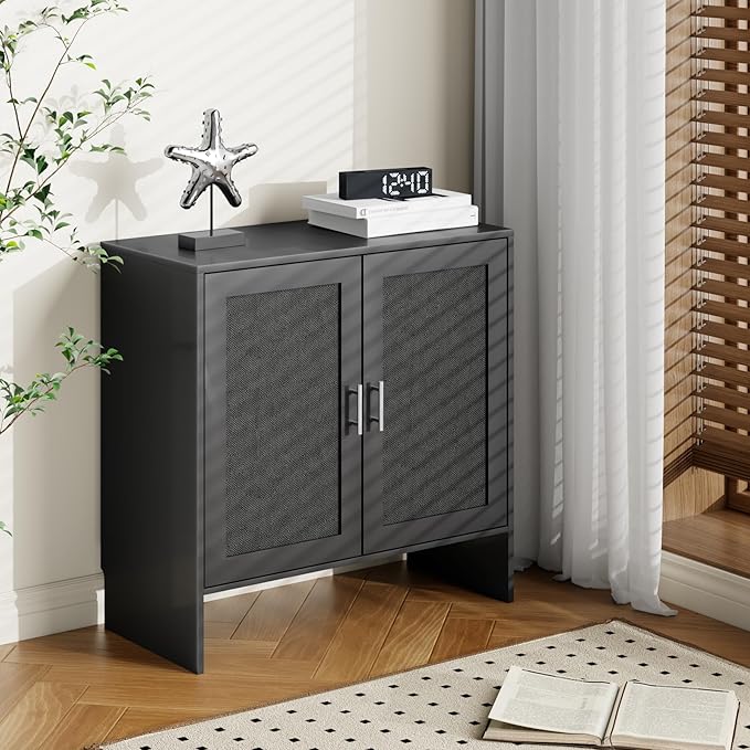 DHZ Buffet Cabinet with Storage & Adjustable Shelf - Farmhouse Sideboard with Black Rattan Decorated Doors, Coffee Bar Cabinet for Kitchen, Dining Room Organizer