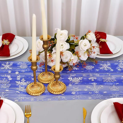Snowkingdom Blue Silver Christmas Snowflake Table Runner 10ft, Royal Blue Tulle Gauze Sheer 120 Inch Winter Cheesecloth Table Runner for Seasonal Holiday Party, New Year, Wedding Dining Table Decor