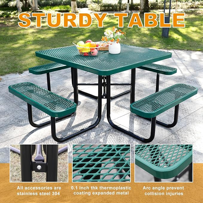 46-Inch Square Outdoor Picnic Table – Commercial Heavy-Duty Steel Dining Table with Thermoplastic Coating, Weather & Rust Resistant, Ideal for Parks, Patios, Schools, Campgrounds (Green)