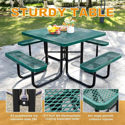 46-Inch Square Outdoor Picnic Table – Commercial Heavy-Duty Steel Dining Table with Thermoplastic Coating, Weather & Rust Resistant, Ideal for Parks, Patios, Schools, Campgrounds (Green)