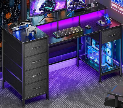 47 Inch Computer Desk with 5 Fabric Storage Drawers,Gaming Desk with Power Outlets & LED Lights,Reversible Home Office Desk with Monitor Stand for Working Writing Study, Black