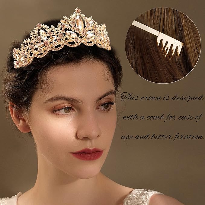 Gold Tiara for Women Champagne Crown for Girls with Comb Wedding Princess Birthday Crystal Rhinestones Headbands for Prom Bridal Party Halloween Costume Christmas Gift