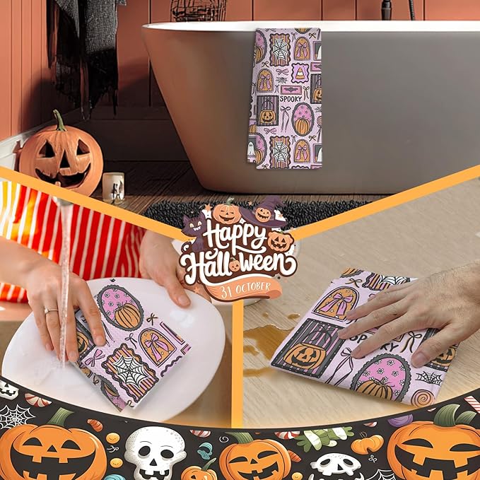Pink Halloween Kitchen Towels, for Women Girls Dish Tea Towels for Kitchen Decor, Preppy Gothic Ghost Pumpkin Decorative Hand Towel for Bathroom, 16x24 Inches