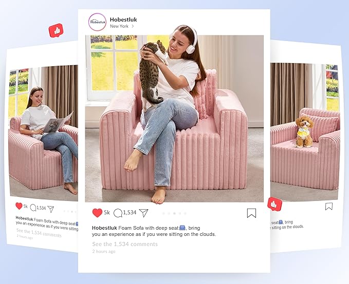 Hobestluk Single Sofa Foam Couch Sofa for Small Spaces Comfy Sofas with Removable Cover Furry Couch with Pillows for Living Room, Bedroom, Apartment, Office (Pink, Standard)