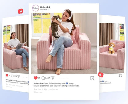 Hobestluk Single Sofa Foam Couch Sofa for Small Spaces Comfy Sofas with Removable Cover Furry Couch with Pillows for Living Room, Bedroom, Apartment, Office (Pink, Standard)