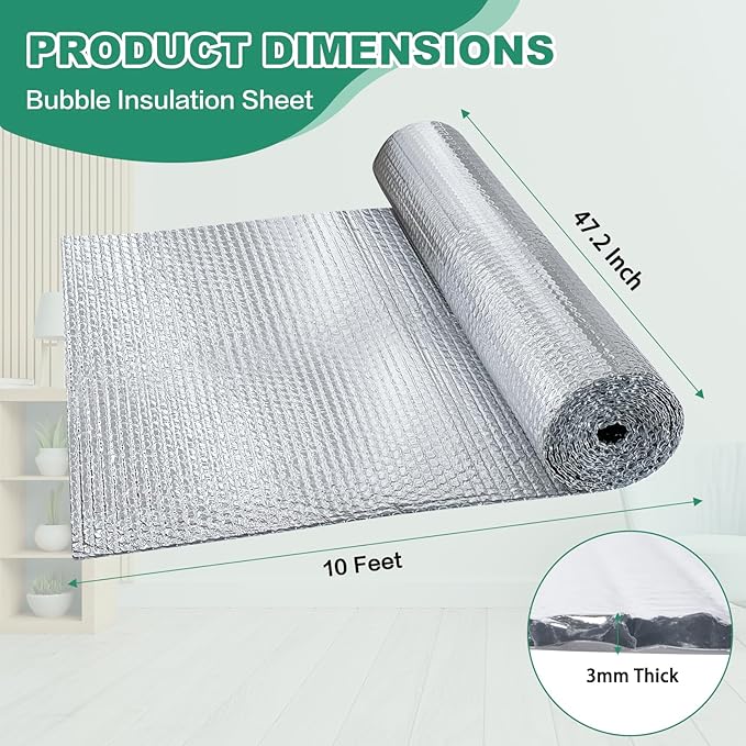 Reflective Bubble Insulation Sheet, Double Side Aluminum Foil Bubble Shield, Aluminum Foil Thermal Insulation Radiant Barrier for Windows, RV, Roof, Garage Door (47IN X 10FT)