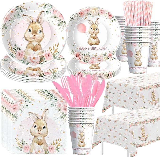 APOWBLS Bunny Birthday Decorations Tableware, Bunny Party Supplies, Paper Plate, Cup, Napkin, Tablecloth, Cutlery, Rabbit Bunny Party Decorations For Easter 1st 2nd Birthday, Serves 24