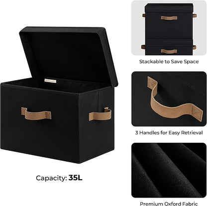 StorageWorks Fabric Storage Bins with Lid, Decorative Storage Boxes for Shelves, Stackable Closet Organizer Basket with Handles, Jumbo, Black, 2-Pack