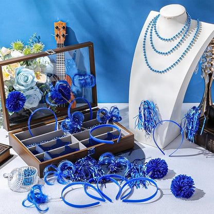50 Pcs Blue Holiday Team Spirit Party Accessories Pom Pom Party Headbands Star Shape Sunglasses Bead Necklaces Stuff Favors for Birthday Wedding Supplies(Classic)