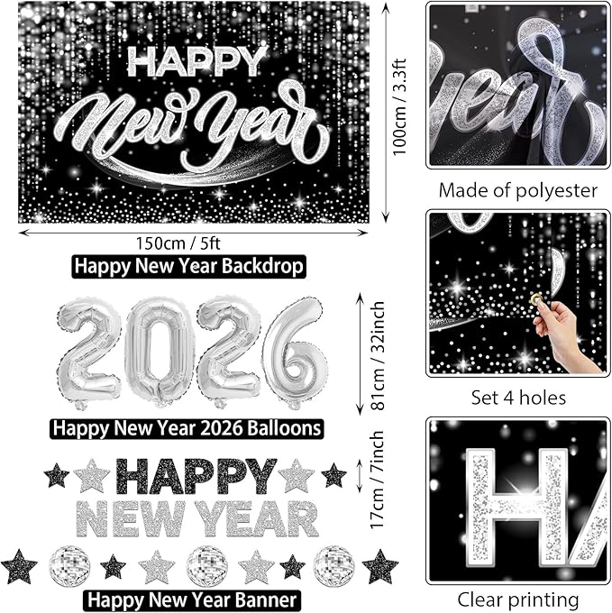 New Years Eve Party Supplies 2026 Happy New Year Decorations Kit - Black Silver Happy New Year Banner, Backdrop, 2026 Balloons, Pom Poms and Hanging Swirls for Kids Adults Party Decor