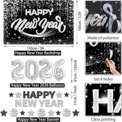 New Years Eve Party Supplies 2026 Happy New Year Decorations Kit - Black Silver Happy New Year Banner, Backdrop, 2026 Balloons, Pom Poms and Hanging Swirls for Kids Adults Party Decor