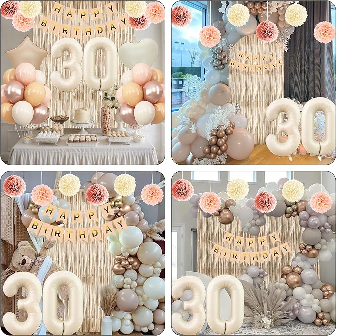 Beige 30th Birthday Decorations for Her Cream Number 30 Balloon Nude Gold Happy Birthday Banner Fringe Curtain Paper Pom Poms Blush White Sand Champagne Star Foil Balloons Neutral Boho Party Decor