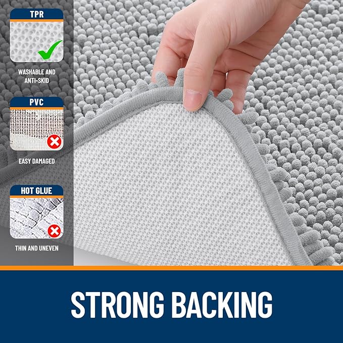 OLANLY Bathroom Rugs 34x21, Extra Soft Absorbent Chenille Bath Rugs, Rubber Backing Quick Dry, Machine Washable Bath Mats for Bathroom Floor, Tub and Shower, Home Decor Accessories, Light Grey