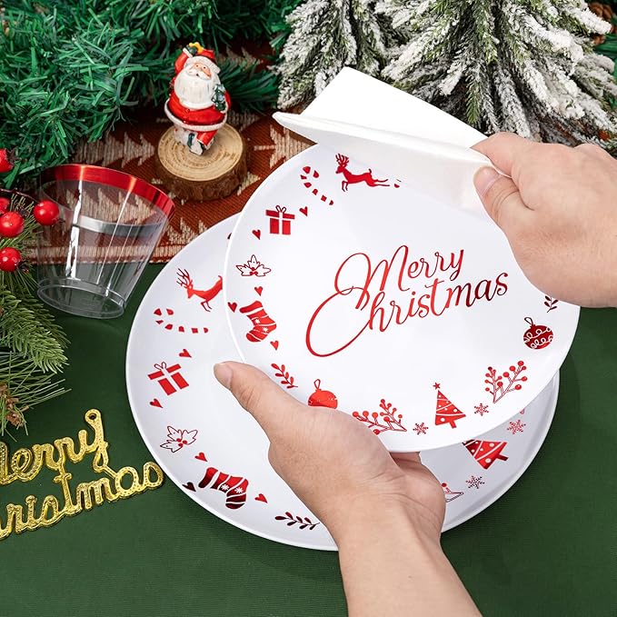 Ciaell 175 Pieces Christmas Plastic Plates include 50 Red Plastic Plates, 25Knives, 25Forks, 25Spoons, 25cups, 25Napkins for Christmas Party