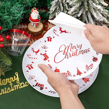 Ciaell 175 Pieces Christmas Plastic Plates include 50 Red Plastic Plates, 25Knives, 25Forks, 25Spoons, 25cups, 25Napkins for Christmas Party