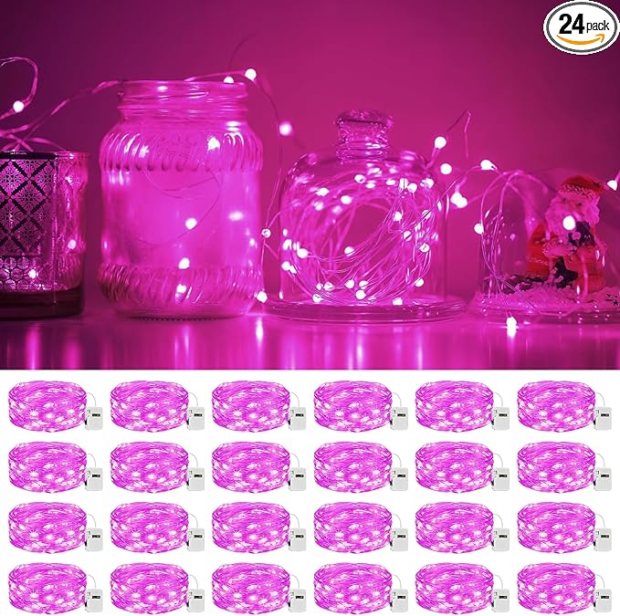 litogo 24 Pack 7FT 20 LED Fairy Lights Battery Operated, 3 Lighting Modes, Bulk Mini Twinkle String Lights Waterproof Silver Wire for Weddings Mason Jars Party Christmas Decorations-Pink