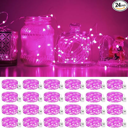 litogo 24 Pack 7FT 20 LED Fairy Lights Battery Operated, 3 Lighting Modes, Bulk Mini Twinkle String Lights Waterproof Silver Wire for Weddings Mason Jars Party Christmas Decorations-Pink