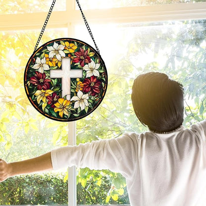 Stained Glass Window Hanging, Cross Flowers Sun Catchers Colorful Glass Panel Christianity Suncatcher Decor for Birthday for Women, Men, Wife, Aunt, and Mom 9.8 in
