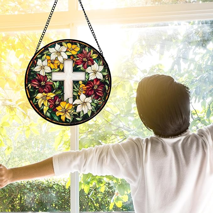 Stained Glass Window Hanging, Cross Flowers Sun Catchers Colorful Glass Panel Christianity Suncatcher Decor for Birthday for Women, Men, Wife, Aunt, and Mom 6.3 in
