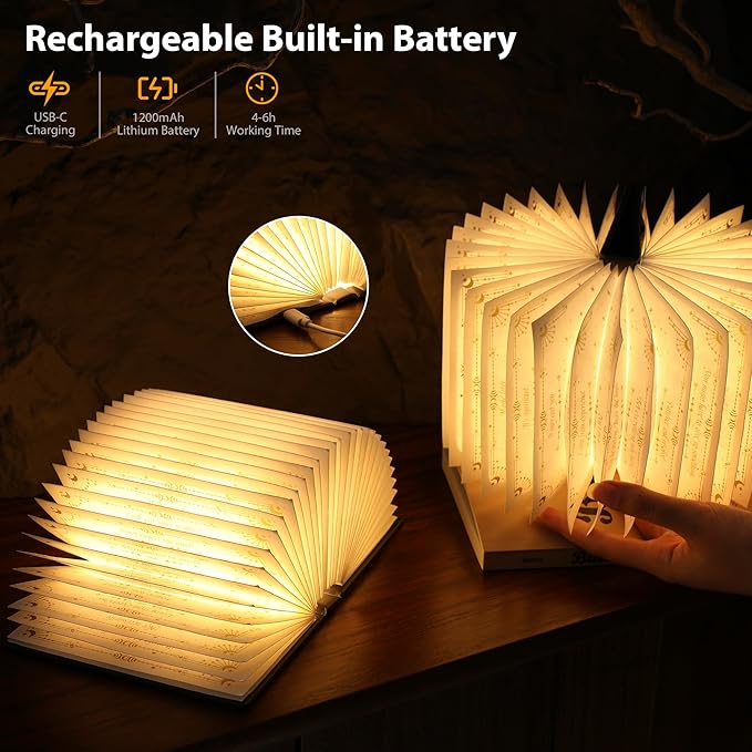 Magic Truth Book Light - Rechargeable LED Book Lamp for Home Decor, Ideal Christmas & Bookworm Gifts with Gold Foil Embossed Cover, Warm White Light for Entertainment & Relaxation (Black)