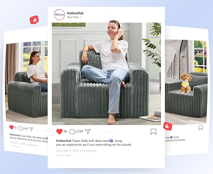 Hobestluk Single Sofa Foam Couch Sofa for Small Spaces Comfy Sofas with Removable Cover Furry Couch with Pillows for Living Room, Bedroom, Apartment, Office (Grey, Standard)