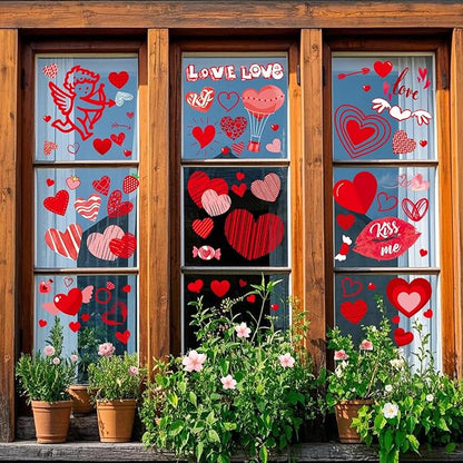 Valentines Day Window Clings Decorations, Red Heart Stickers Decor, Happy Valentine's Cupid Gifts for Home Office Kids Classroom, Pink Wedding Romantic Decals Décor, 9 Sheets