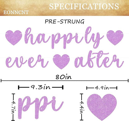 Pre-Strung Happily Ever After Banner - Purple Glitter Bachelorette Bridal Engagement Party Decoration Supplies, Bachelorette Wedding Party Banner for Engagement, Bridal Shower, Wedding Party Photo Booth Props