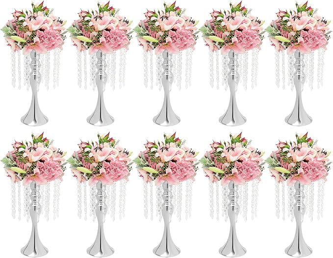 10 Pcs Crystal Flower Wedding Centerpieces Stand,Elegant Metal Flower Vase Candelabra Candle Holder,Flower Vase Stand Pillar Candle Holder for Party Wedding Reception, Siliver, AL-297