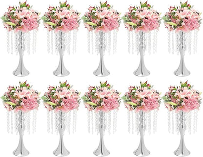 10 Pcs Crystal Flower Wedding Centerpieces Stand,Elegant Metal Flower Vase Candelabra Candle Holder,Flower Vase Stand Pillar Candle Holder for Party Wedding Reception, Siliver, AL-297