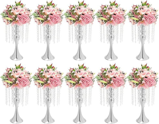 10 Pcs Crystal Flower Wedding Centerpieces Stand,Elegant Metal Flower Vase Candelabra Candle Holder,Flower Vase Stand Pillar Candle Holder for Party Wedding Reception, Siliver, AL-297