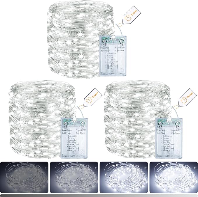 litogo 3 Pack Fairy Lights Battery Operated with Timer, 33FT 100LED Twinkle String Lights USB-C Powered 8 Modes Dimmable for Indoor Bedroom Centerpiece Wedding Classroom Dorm Christmas Decorations