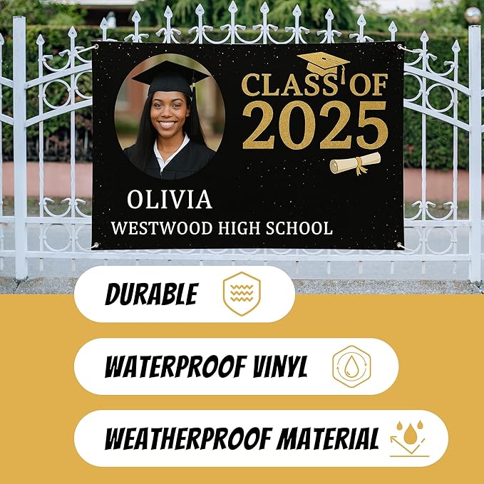 Custom Graduation Banner Class of 2025 with Photo and Name – Personalized Congrats Sign for High School or College Seniors – Indoor Outdoor Graduation Party Decoration