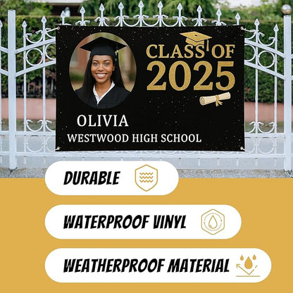 Custom Graduation Banner Class of 2025 with Photo and Name – Personalized Congrats Sign for High School or College Seniors – Indoor Outdoor Graduation Party Decoration
