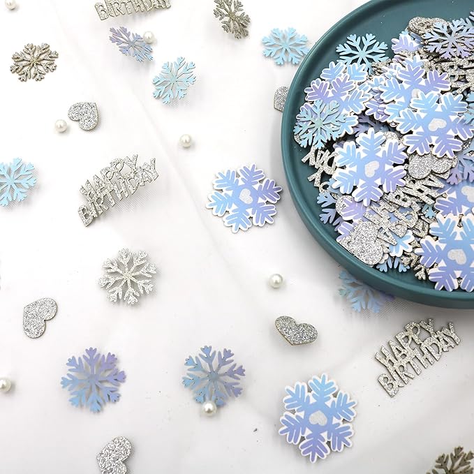 Blue Silver Purple Snowflake Happy Birthday Confetti for Table – 200PC Glitter Heart Snowflakes Table Scatters intend for Winter Wonderland Frozen Birthday Party Decorations