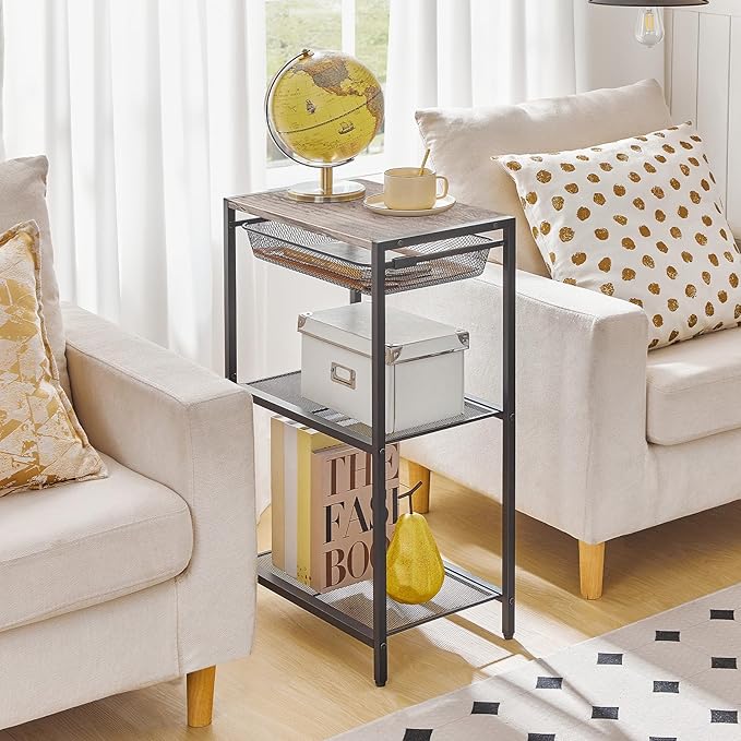 HOOBRO 28.7 Inch Tall Side Table, 3-Tier Industrial Telephone End Table with Adjustable Metal Mesh Basket, Desk Side Table with Storage Shelves, for Living Room, Bedroom, Office, Greige BG06DH01