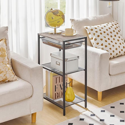 HOOBRO 28.7 Inch Tall Side Table, 3-Tier Industrial Telephone End Table with Adjustable Metal Mesh Basket, Desk Side Table with Storage Shelves, for Living Room, Bedroom, Office, Greige BG06DH01