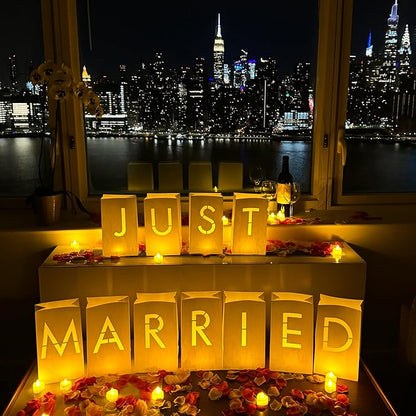 Just Married Light Up Letters with Tea Lights, Candles and Rose Petals - Luminary Paper Bags for Just Married Banner and Decorations
