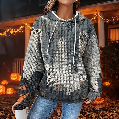 Halloween Sweatshirts for Women Novelty Graphic Drawstring Waffle Hoodies Loose Casual Pullover Tops with Pocket