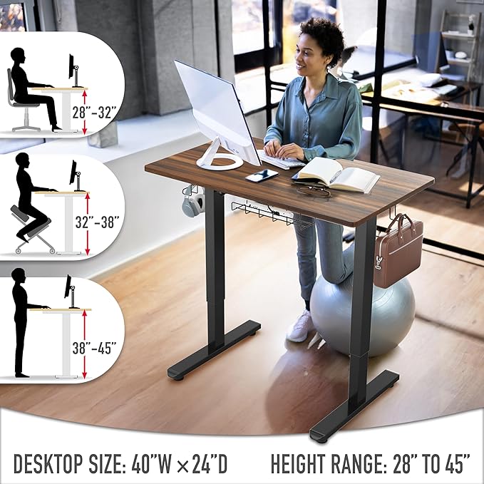 SHW 40-Inch Electric Height Adjustable Standing Desk with Drawer, Memory Preset and Cable Management Tray, Walnut