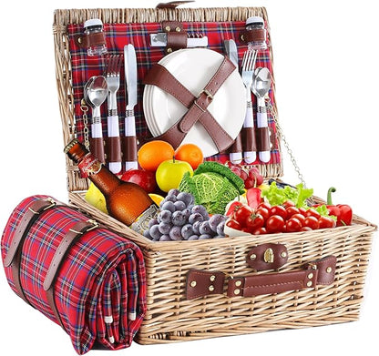 Wicker Picnic Basket for 4 with Waterproof Picnic Blanket and Insulated Cooler, Willow Hamper for Camping, Outdoors, Photoshoot, or a Birthday, Valentine’s Day, Wedding Gift