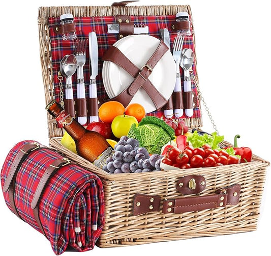 Wicker Picnic Basket for 4 with Waterproof Picnic Blanket and Insulated Cooler, Willow Hamper for Camping, Outdoors, Photoshoot, or a Birthday, Valentine’s Day, Wedding Gift