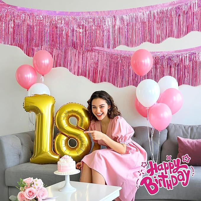 LOLStar 6 Pack Pink Foil Fringe Garland Birthday Party Decorations, 59Ft Metallic Tinsel Streamers Banner, Glitter Photo Booth Prop Table Skirt for Wedding Parade Float Gender Reveal Party Decor