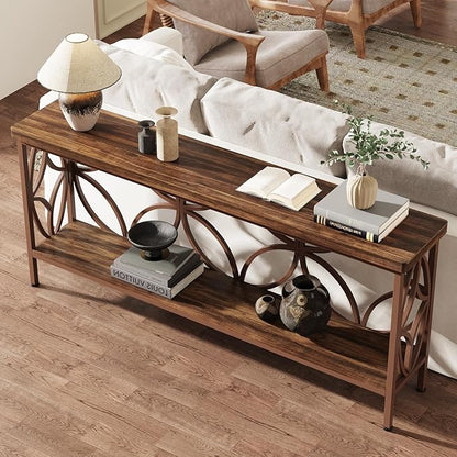 Tribesigns 70.9-Inch Narrow Sofa Table, Industrial Long Sofa Table Behind Couch, Entry Console Table with Storage for Entryway, Living Room, Foyer, Unique Design, Brown Glossy