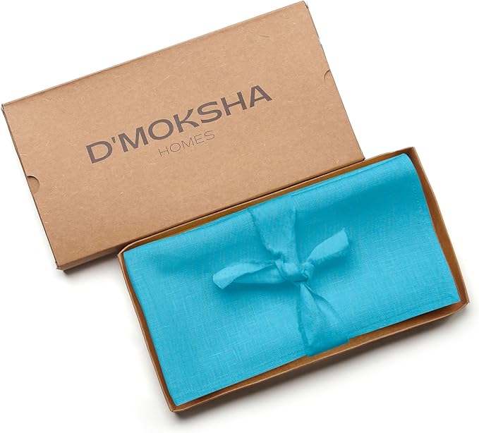 D'Moksha Homes Cyan Blue Linen Napkins 18 x 18 Inch - 100% Pure Linen Cloth Washable Dinner Napkins Set of 4 for Winter, Christmas, Holiday