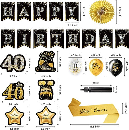 40th Birthday Decorations,39pcs-40th Birthday Decorations for Men & Women,Black Gold 40th Birthday Eyeglasses Decorations Banner Balloons Backdrop Hanging Swirls Paper Fans ,1985 Banner Party Supplies