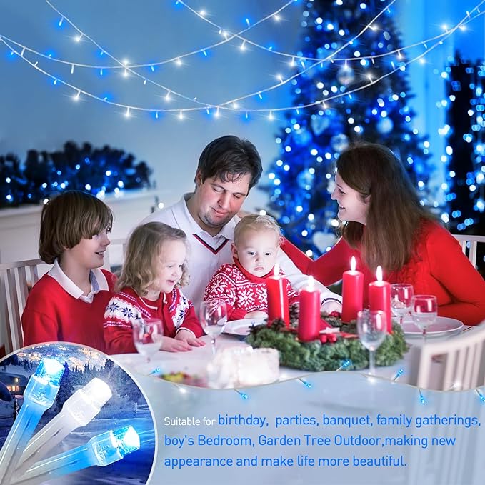 JMEXSUSS Blue and White String Lights Outdoor Indoor, 200 LED Christmas String Lights Clear Wire, 66ft Christmas Lights Plug in for Bedroom Tree Room Party Decorations